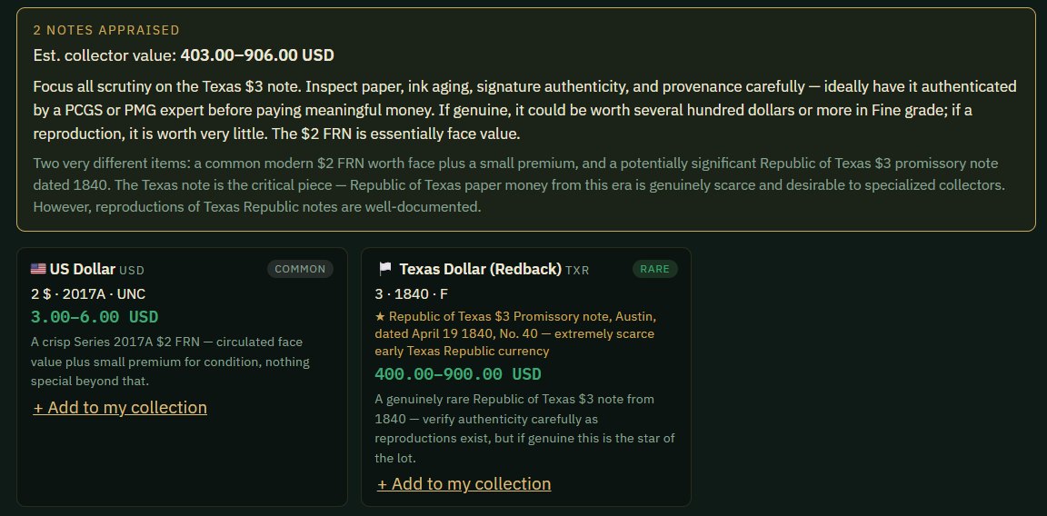 Appraisal of two banknotes: a common US $2 note and a rare 1840 Republic of Texas $3 promissory note, each with an estimated value range.